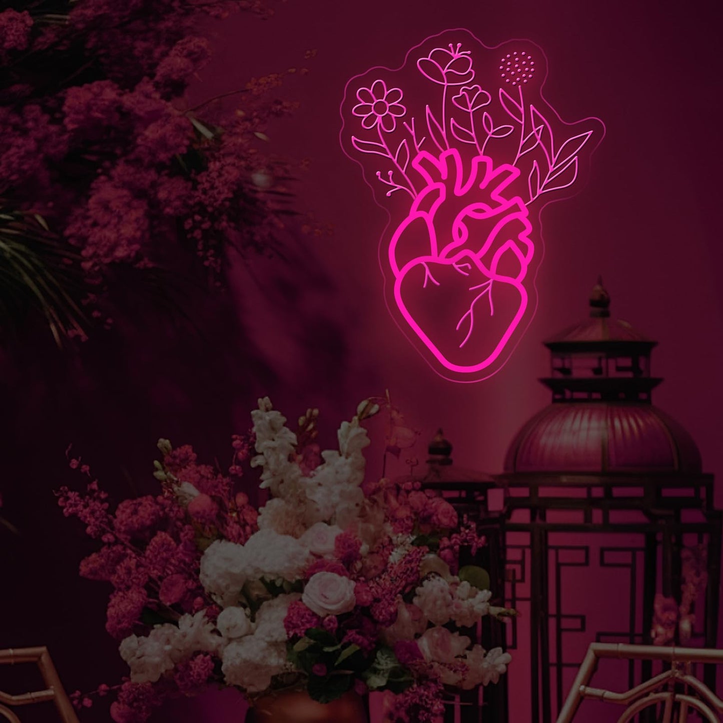 Blooming Human Heart Neon Sign for Wall Room Lights, Heart Flower Custom Led Sign, Wedding Wall Decor, Valentine's Day Wall Decor, Couple Room Light, Bar Home Lamp Party Dorm Living Room