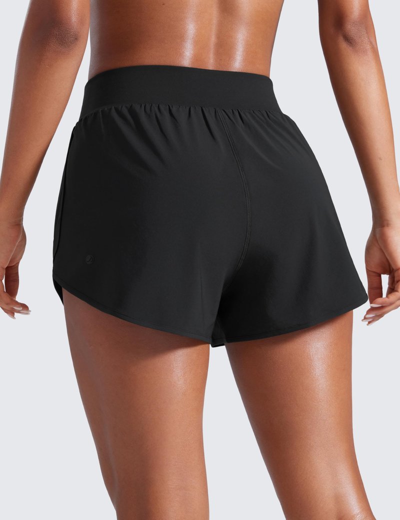CRZ YOGA Dolphin Flat Waist Athletic Shorts for Women 3" - High Rise Quick Dry for Running Workout Gym Track with Zip Pockets Black Large