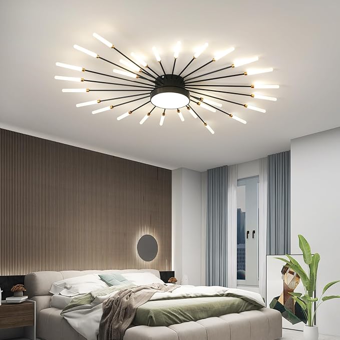 ziidoo Modern Ceiling Light, 28+1 Lights Metal Firework Designed Chic Led Lighting Fixture for Farmhouse Kitchen Dining Room Bedroom Hallway Living Room (Black)
