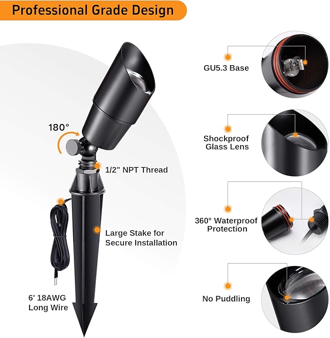 Gardenreet Spot Light Brass - Outdoor Landscape Spotlights 12V, LED Low Voltage Landscaping Uplights, All Weather Hard-Wired Black for Backyard Lawn with Cold White Changeable Bulbs (8 Pack)