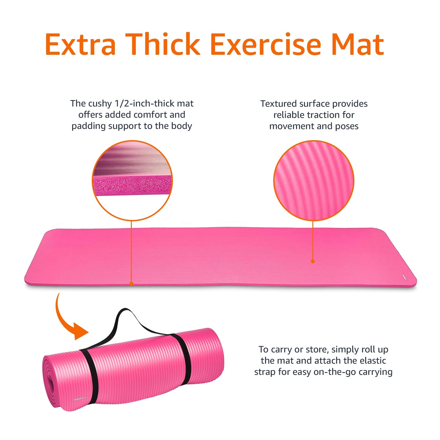 Amazon Basics 1/2 Inch Extra Thick Exercise Yoga Mat with Carrying Strap for Home Workouts and Fitness, 74" x 24" x 0.5", Pink