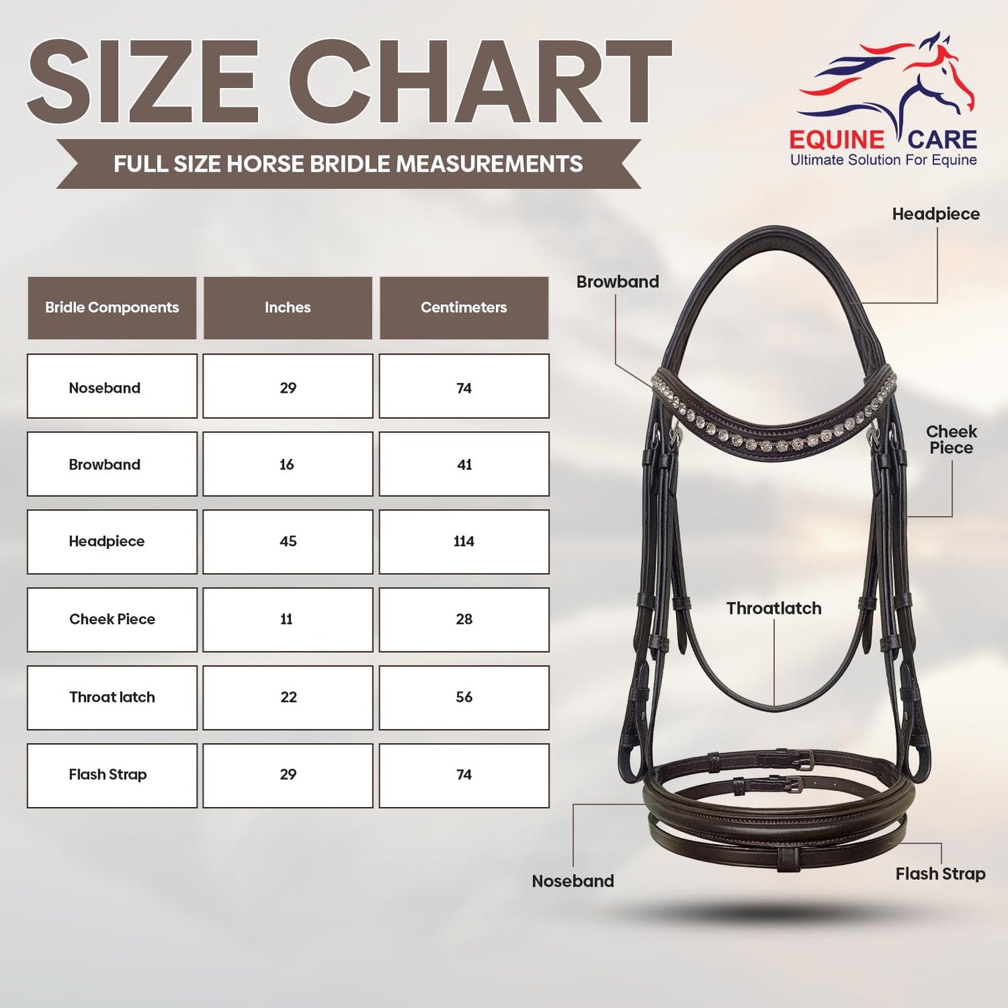 Equine Care Leather English Horse Bridle with Reins, Full Size Havana Brown, Raised Fancy-Stitched Hunter Show Bridle with Clear Crystal Browband, Padded Crownpiece, Stainless Steel Hardware