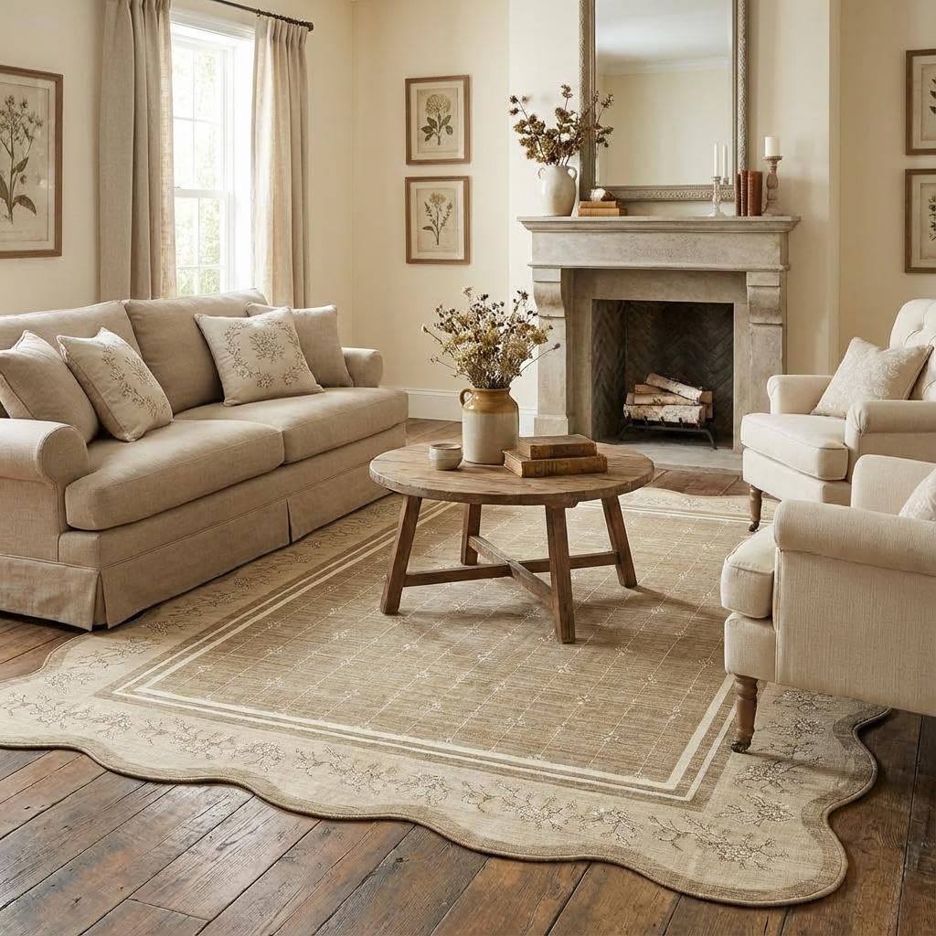 Garvee Washable Rugs for Living Room 8x10 Area Rugs for Bedroom Scalloped Rug Modern Bordered Non Slip Large Kids Bedroom Carpet Indoor Stain Resistant Floor Cover for Dining Room Office Nursery Camel