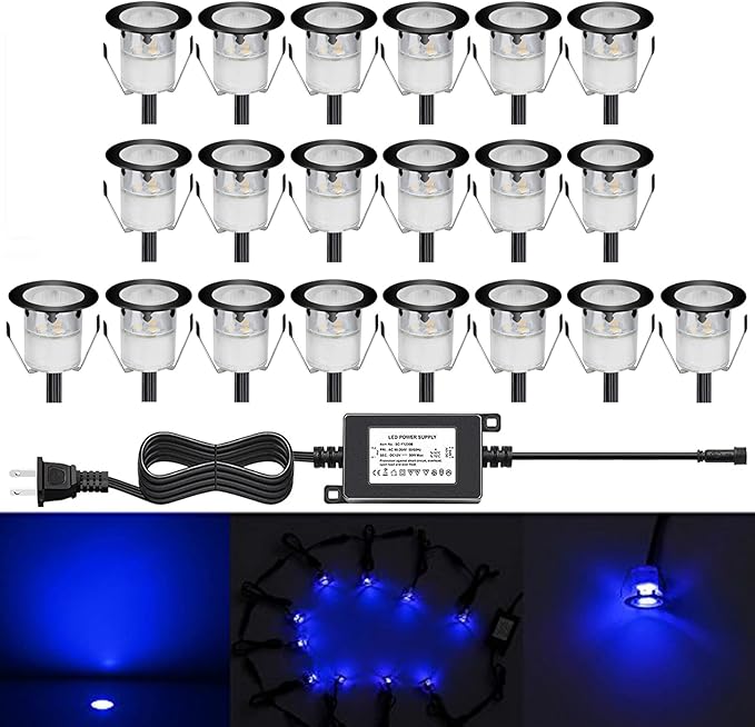 Low Voltage LED Deck Light Kit Stainless Steel Waterproof Recessed Wood Decking Stairs Garden Yard Patio Decor Lamp Outdoor Black Border LED Lighting (Blue, 20pcs)