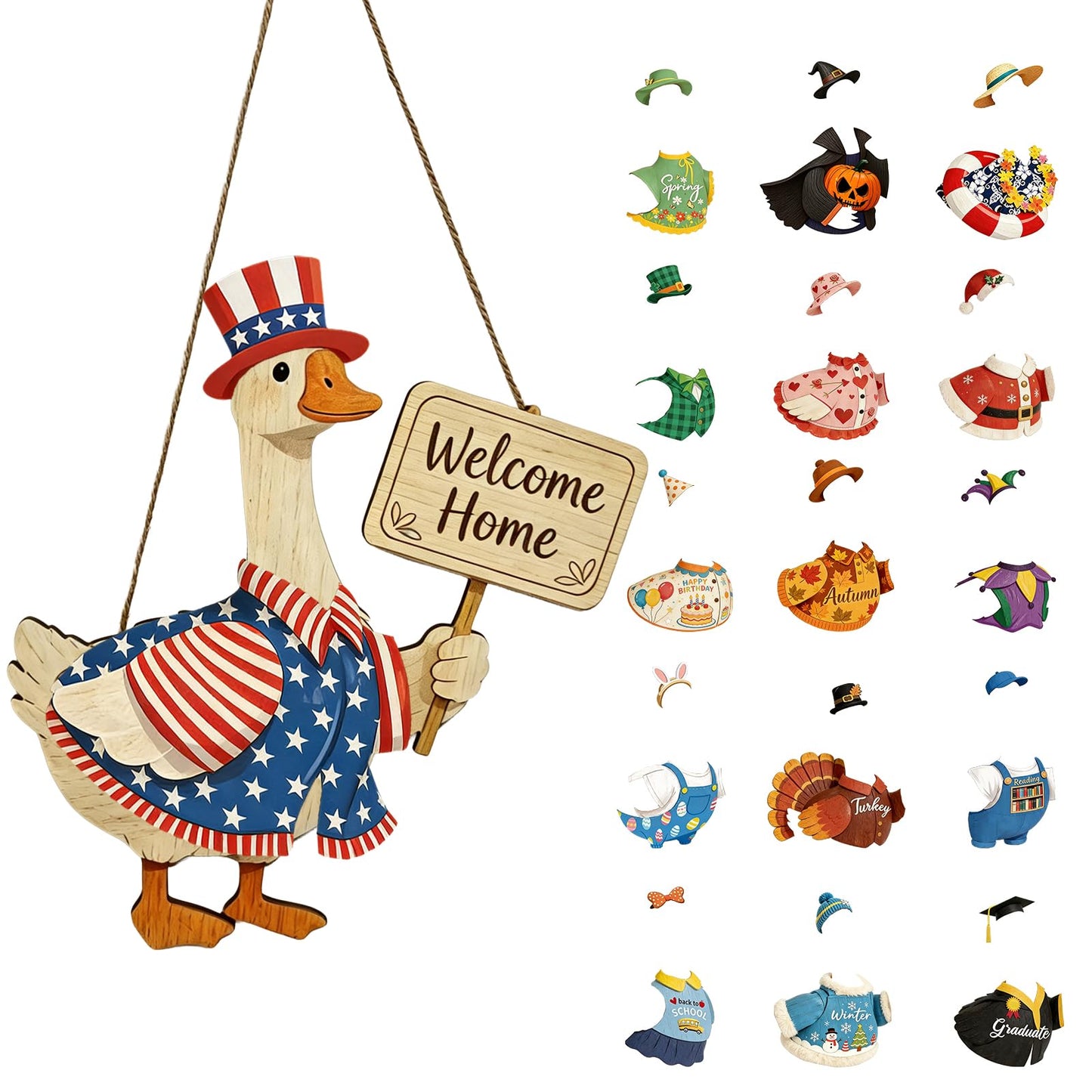 16PCS Interchangeable Wooden Goose Decor, 11.8 Inch Holiday Seasonal Welcome Changeable Clothes with Magnetic Geese Signs Rustic Farmhouse Hanging Decorations for Porch Home Outdoor Holiday Vacation