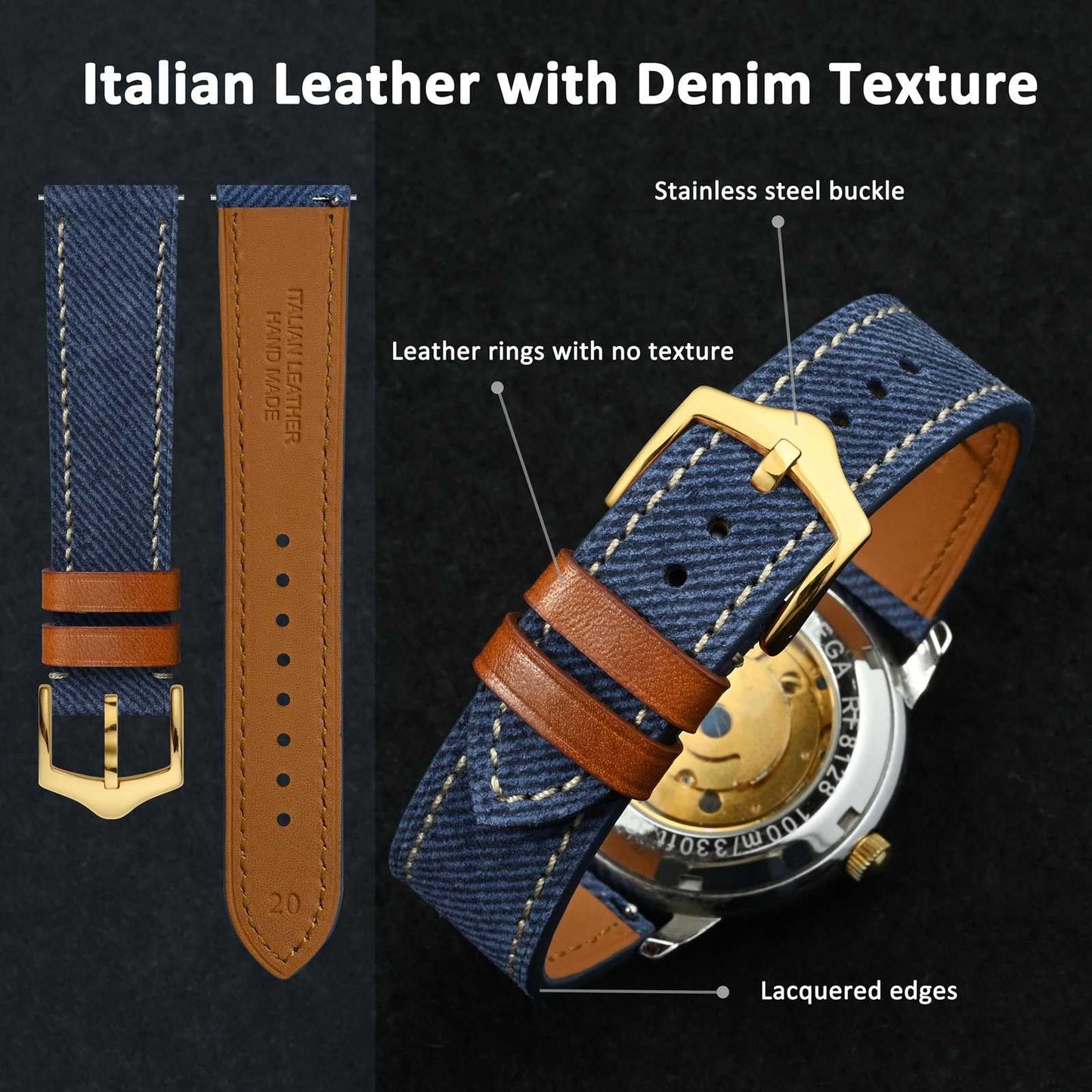 WOCCI 20mm Watch Band, Italian Leather, Denim Pattern, Golden Buckle (Denim Blue)