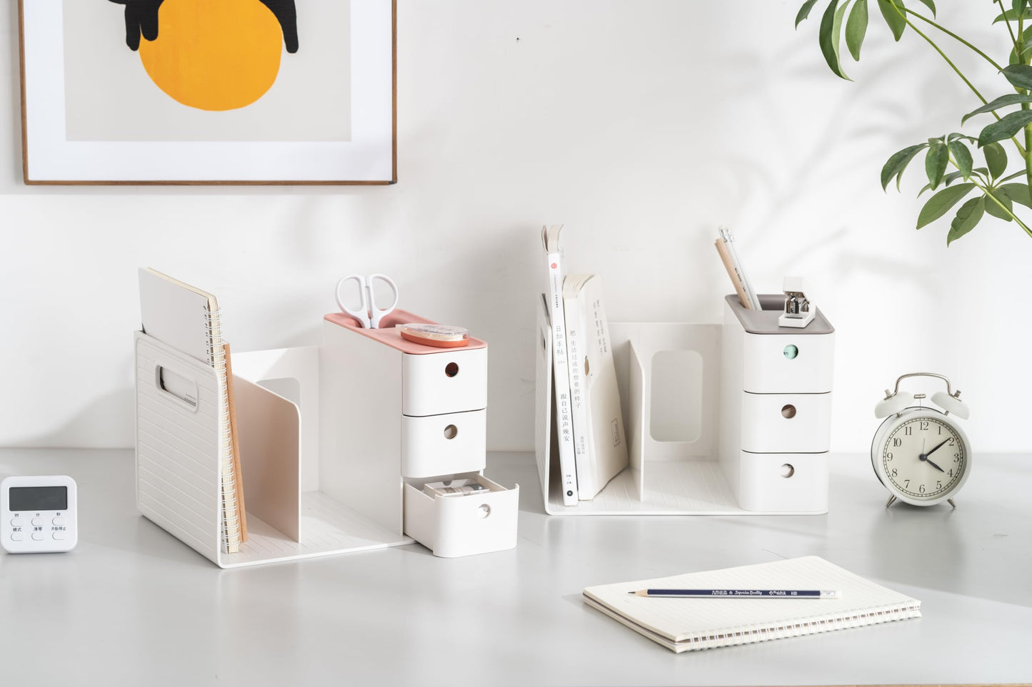 HKeeper White Plastic Desktop Organizer with File slots,3-tier Drawers with Pen Holder,Book Stand for Office Supplies and Desk Accessories (White+Grey)