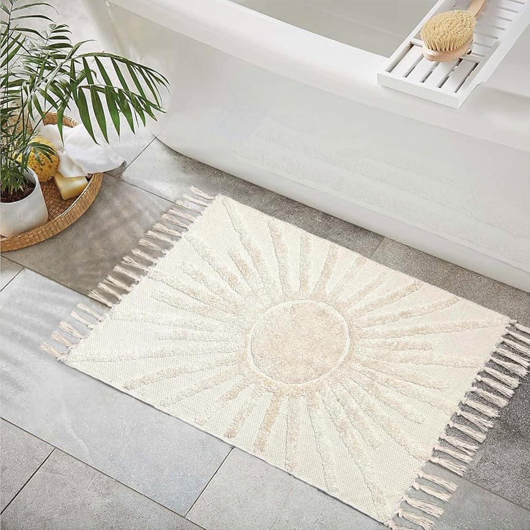 Chardin home Sun Bath Rug - 2x3 Ft, 24x36 Inch, Washable Cotton Rug with Tassels, Non-Slip Sun Cute Bath Mat for Boho Bathroom Decor, Cream Bathroom Rug, Also Great for Kids Rooms, Nurseries