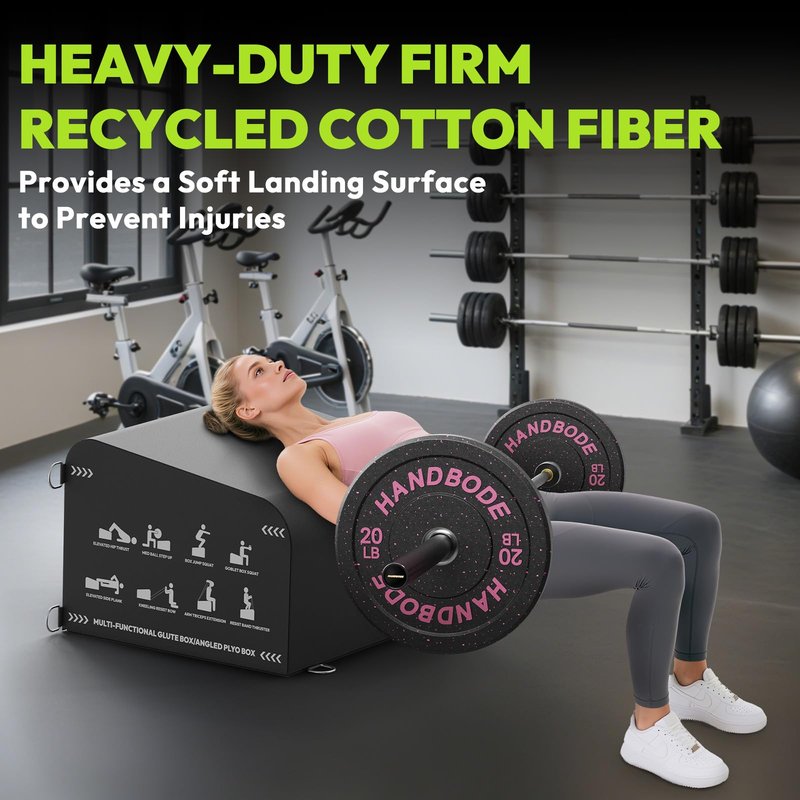HANDBODE Hip Thrust Bench, Multi-Functional Slip-Free Hip Thrust Machine for Glute Bridge, Box Jump, Push-Ups, Squat, Ab Exercise, Suitable for Home & Gym, Includes 4ft Olympic Bar