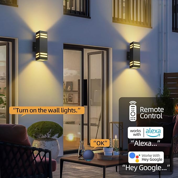 Outdoor Smart Wall Lights 2 Pack, Aluminum Exterior Lighting Fixtures Dusk to Dawn Color Changing Outdoor Lights with Matte Black Finish for Outside Decor, DIY Lighting Effects
