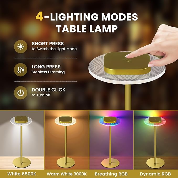 LOFTEK Cordless Table Lamps Set of 2, Rechargeable Table Lamp, Up to 55 Hrs Ultra-Long Battery Life, Eye-Friendly, Touch Dimming, Portable Wireless Ambient Lighting (Gold, 2 Pack)