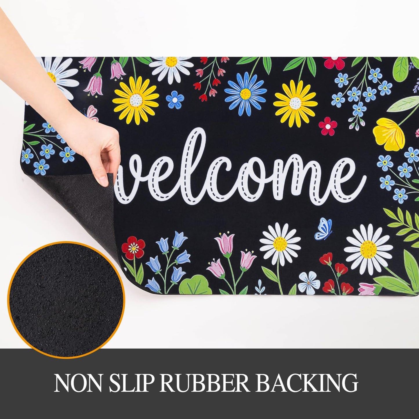 iouwy Spring Summer Welcome Door Mat 17×29 Inch, Low Profile Front Door Mat for Outside Inside Entrance, Non Slip Rubber Back for Indoor and Outdoor Entrance, Floral