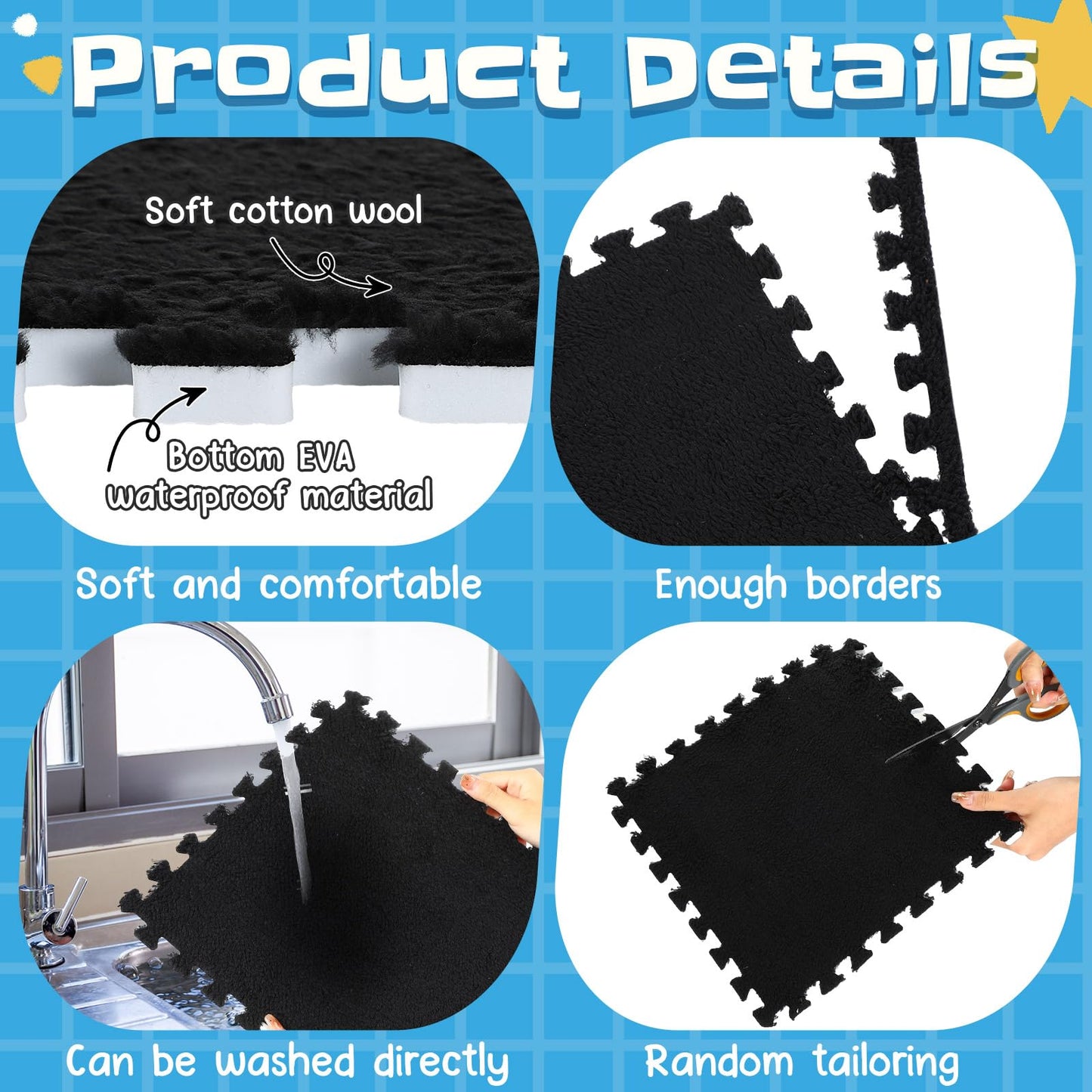 Timgle 36 Pcs Interlocking Carpet Tiles Plush Foam Floor Mats with Border Fluffy Play Mat Floor Tiles Soft Climbing Area Rugs for Kids Home Playroom Decor, 12 x 12 x 0.4 Inch(Black)