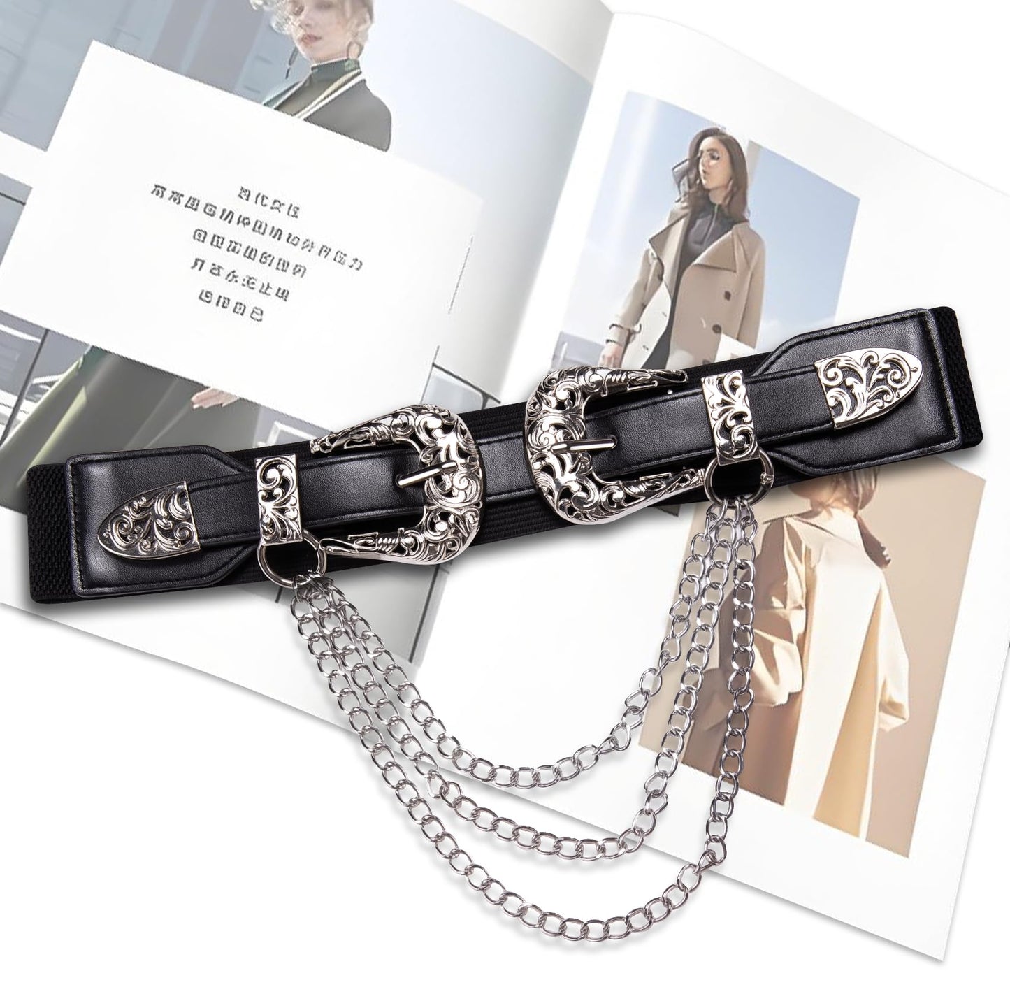 Dubulle Womens Belt Silver Black Chain Leather Belts Vintage Western Adjustable Elastic Double Buckle for Cowboy Pant Dress