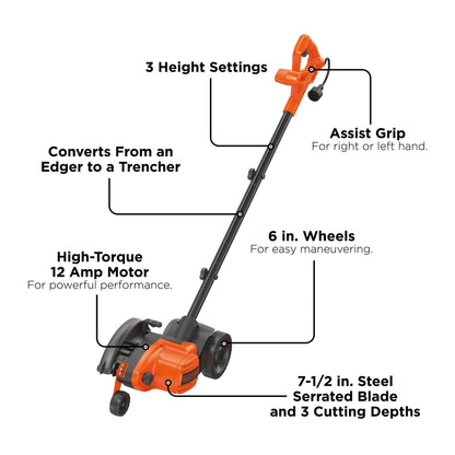 BLACK+DECKER Lawn Edger Trencher 2 in 1, 12 Amp 7.5 in. Electric Edger Lawn Tool for Landscaping and Trench Digger, 3 Height Settings, Corded (LE760FF)