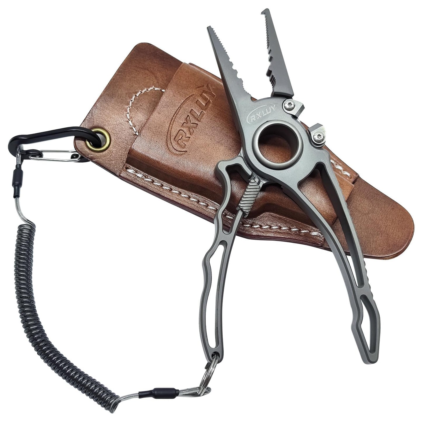 RXLUY Titanium Fishing Pliers, Premium Saltwater Fishing Gear, Tungsten Cutters, Split Ring Hook Remover, Fish Plier Holster with Retractable Lanyard, Ice Sea Fishing Kit Gifts for Men (with Lock)