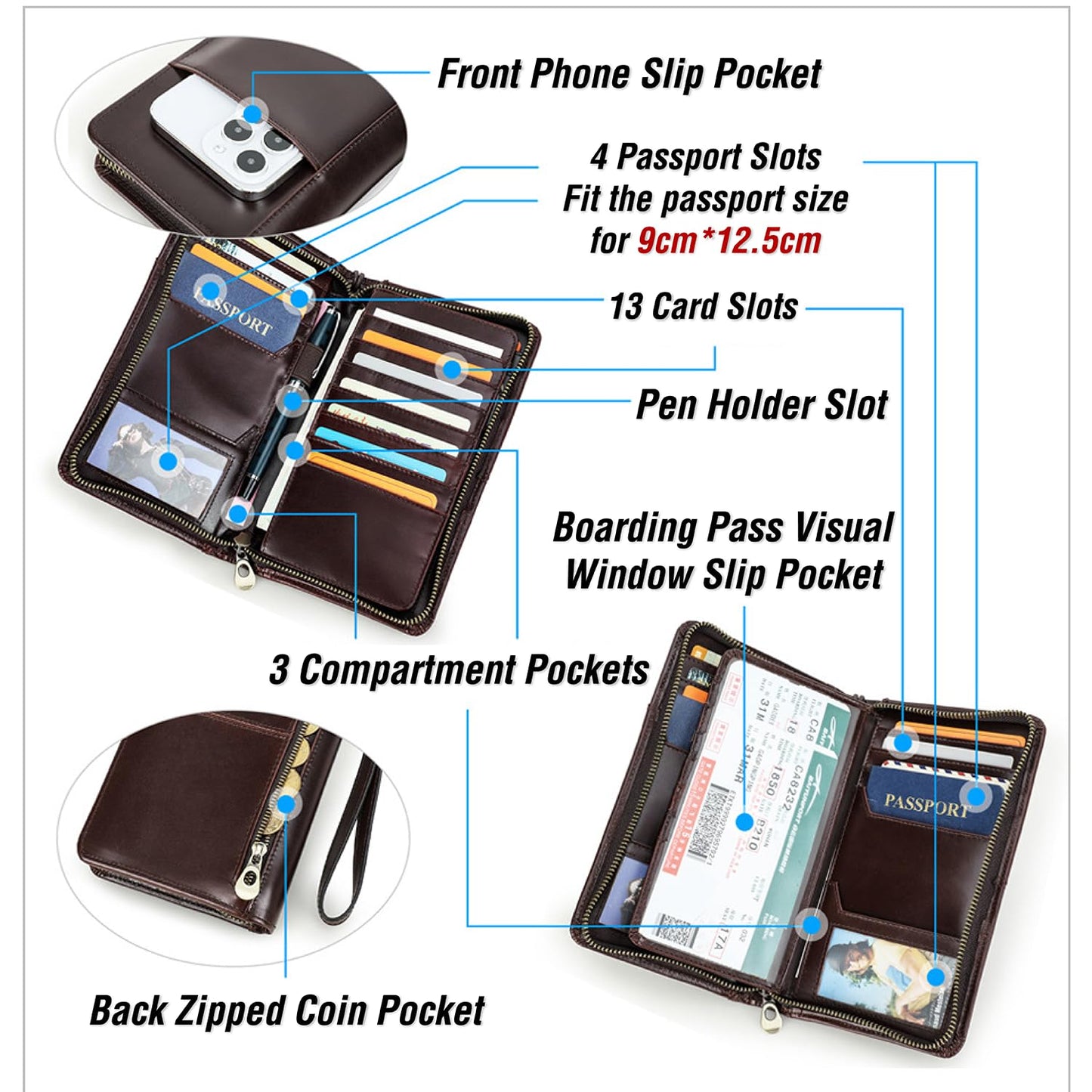 CataPurus Top Grain Leather Travel Passport Wallet Holder for Man & Woman, Handmade with Three-Layer for 4 Passports & Multi Cards, RFID Blocking Large Capacity for Cards/Passports/Tickets, Blue