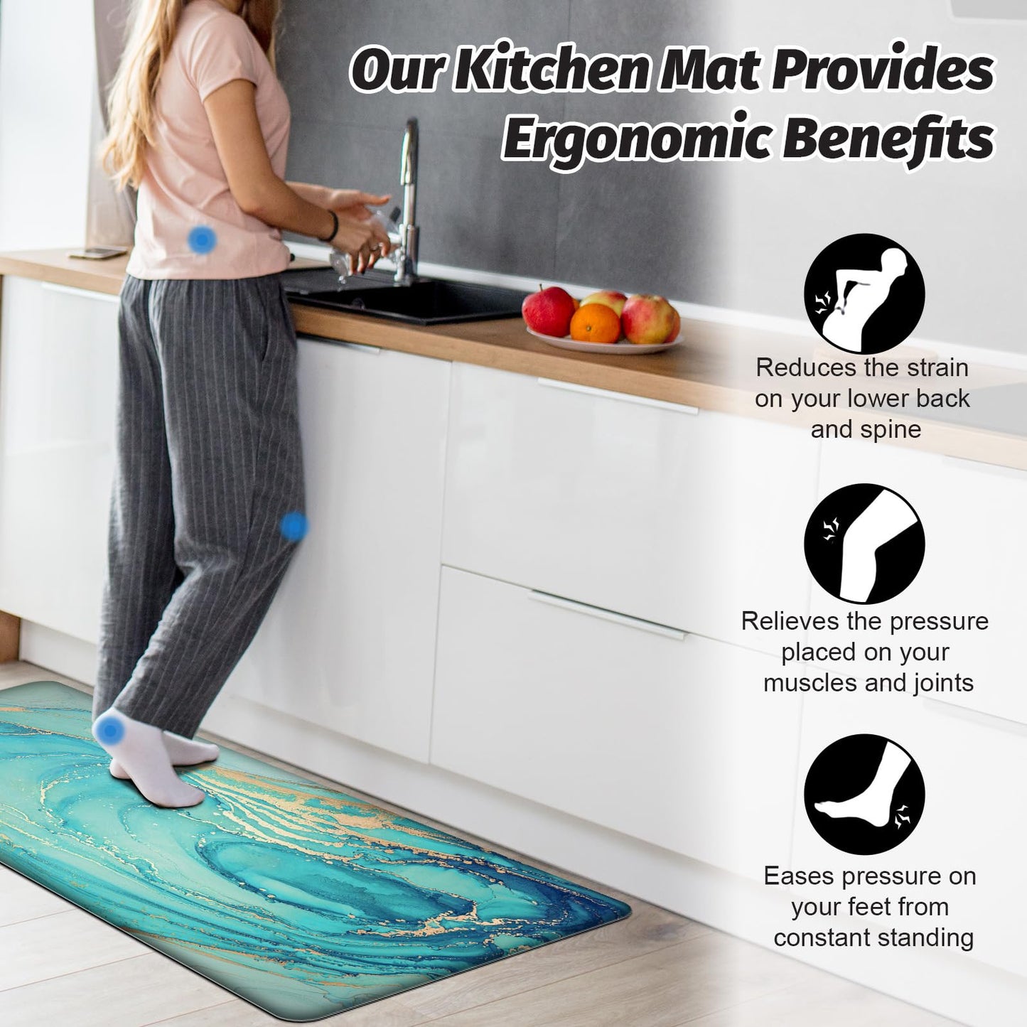 MAYHMYO Kitchen Rugs and Mats Set of 2 Teal Marble Gold Anti Fatigue Mat PVC Non Slip Turquoise Foam Cushioned Kitchen Mats for Floor Dining Room Home Office Sink Laundry