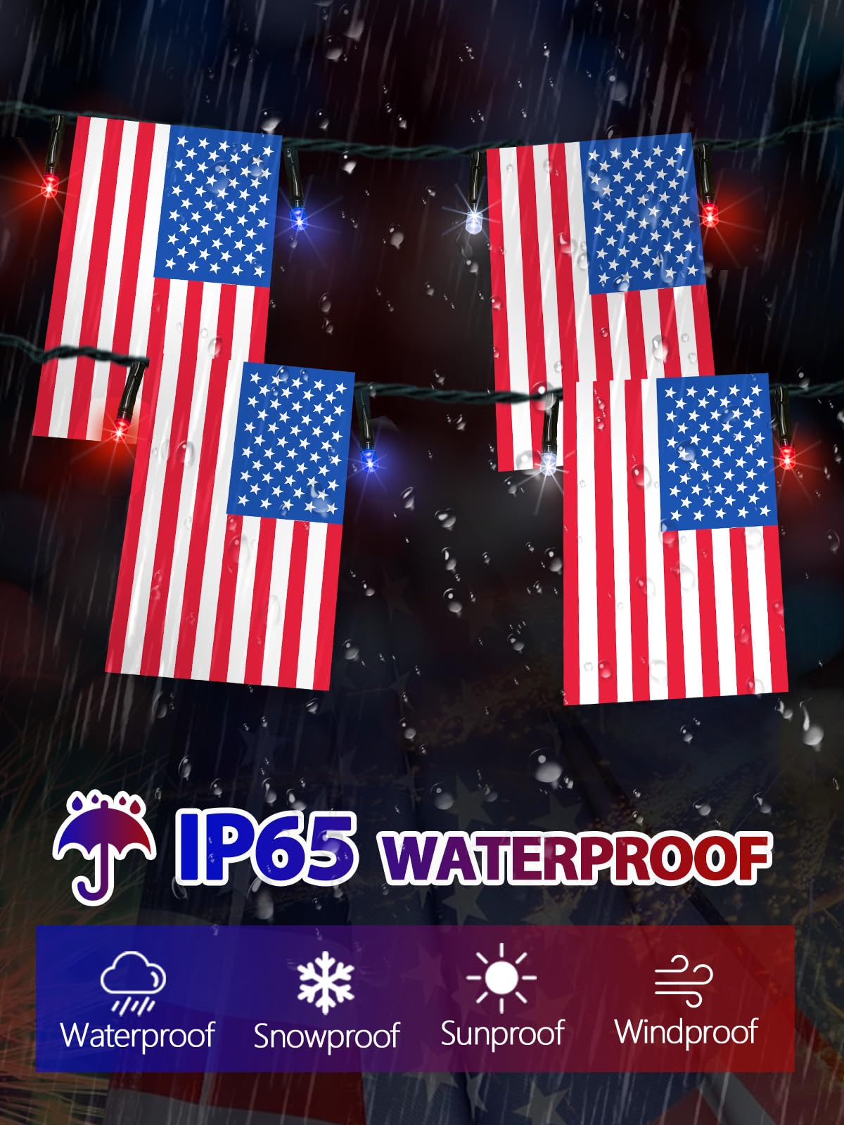2 Pack 4th of July Decorations, Solar American Flag Lights Outdoor with 8 Modes, 37.6FT 50 USA Flags & 100 Red White and Blue LEDs Patriotic Lights Waterproof for Independence Day 250th Anniversary