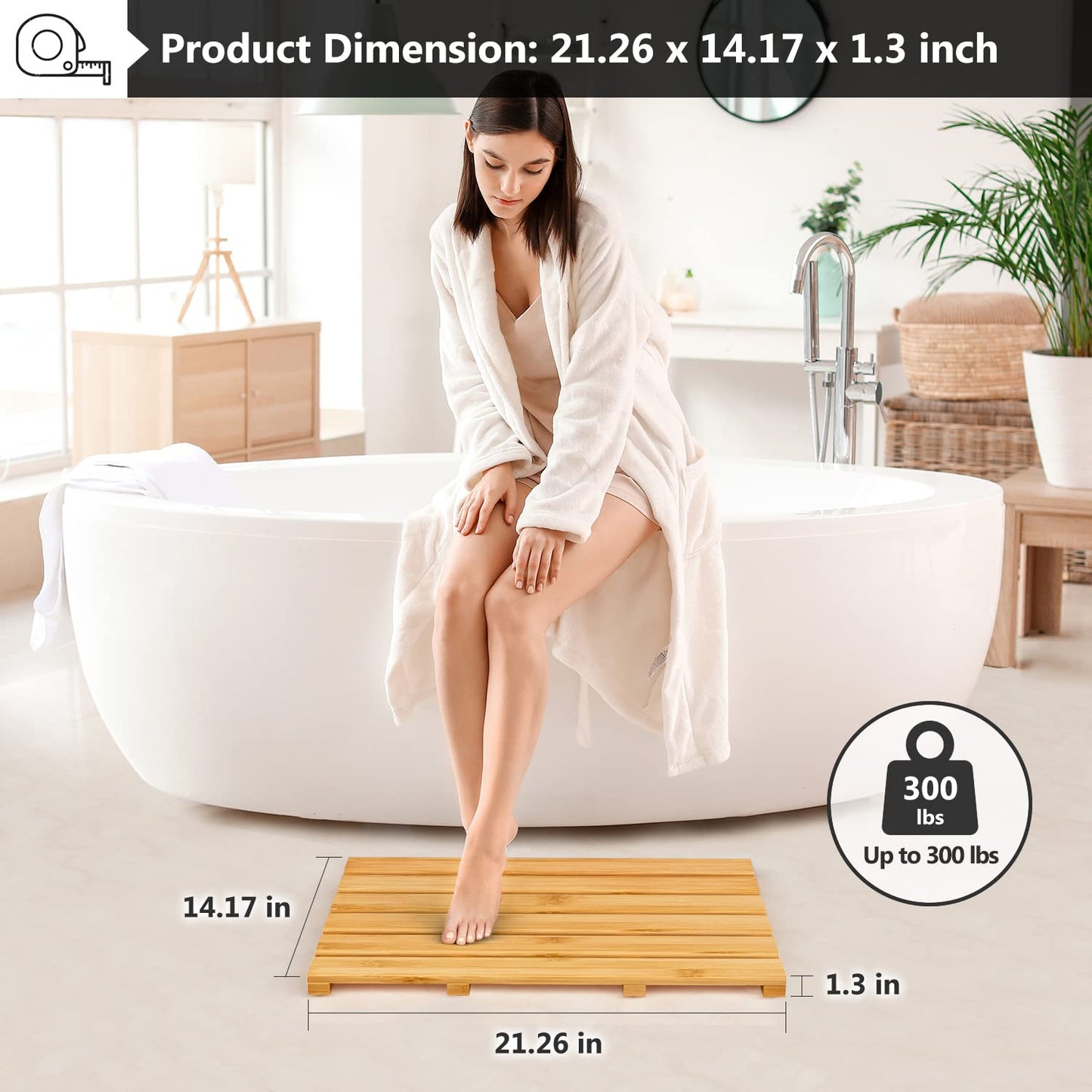 Domax Bamboo Bath Mat - Non Slip Waterproof Wooden Shower Floor Mat for Bathroom, Sauna, Spa, Outdoor Use (Natural, 21.26 x 14.17 x 1.3 Inch)