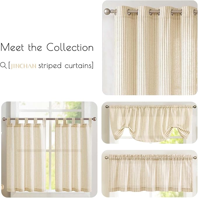 jinchan Tab Top Linen Kitchen Curtains 24 Inches Striped Tier Curtains Farmhouse Modern Cafe Style Small Window Treatments Airy Light Filtering Rod Pocket for Living Room Bathroom 2 Panels Beige