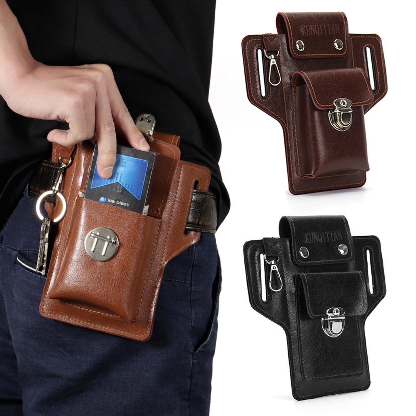 Leather Cell Phone Holster for Men, EDC Belt Pouch with Magnetic Closure & Keychain Clip, Lightweight Universal Waist Phone Case for Large Phones, Dog Walking, Travel & Hiking