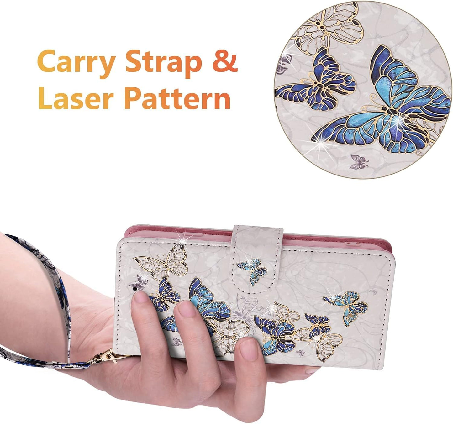 UEEBAI Wallet Case for Samsung Galaxy A15 4G/5G, PU Leather Phone Case Kickstand RFID Blocking Flip Case Card Slots Wrist Strap Relief Engraved Pattern Magnetic Closure Folio Case - Blue Butterfly