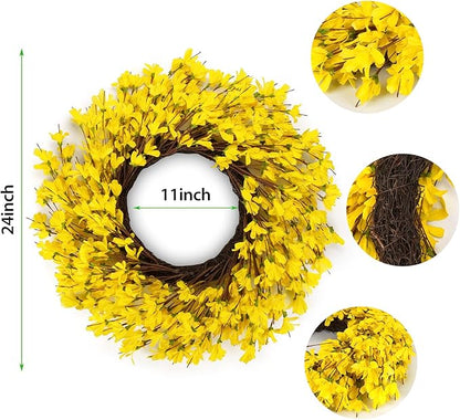 Huashen 24 Inch Yellow Forsythia Wreath Winter Front Door Blossom Cluster Flower Farmhouse on Grapevine for Festival Celebration Wall Window Decoration Home Christmas Décor