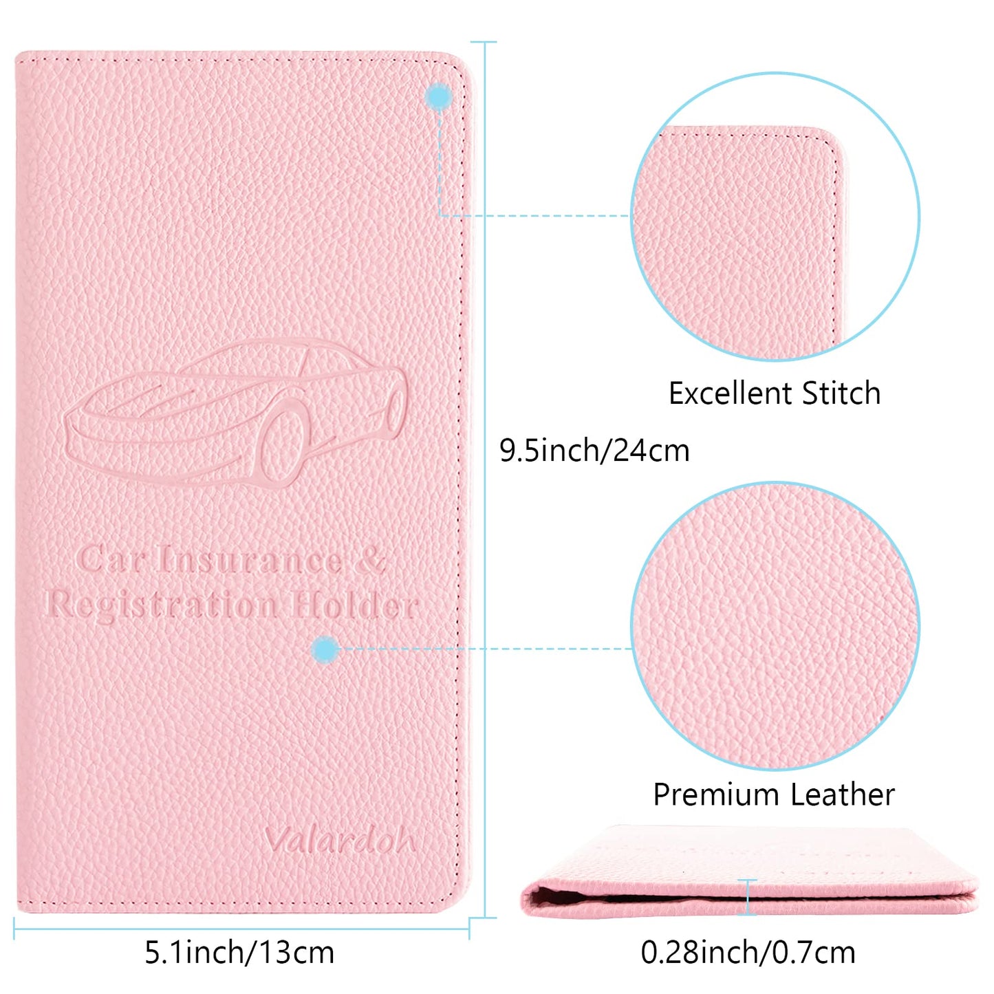 Valardoh Premium Car Registration and Insurance Card Holder, Car Document Holder for Cards, Driver License & other Essential Documents (Pink)