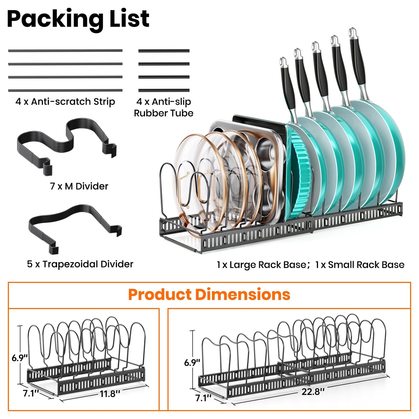MUDEELA Pots and Pans Organizer Rack for under Cabinet, Expandable 11.81''-22.85'' Pot Lid Kitchen Cabinet Organizer Holder with 10 Adjustable Compartment Cutting Board Organizer for Pan Lid, Bakeware