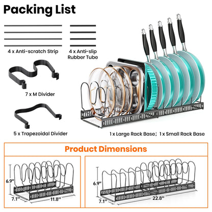 MUDEELA Pots and Pans Organizer Rack for under Cabinet, Expandable 11.81''-22.85'' Pot Lid Kitchen Cabinet Organizer Holder with 10 Adjustable Compartment Cutting Board Organizer for Pan Lid, Bakeware