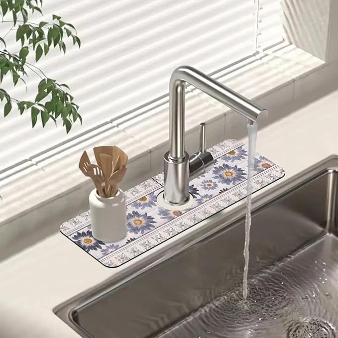 Sink Faucet Absorbing Mat Vintage Embroidery Flowers Sink Splash Guard Drying