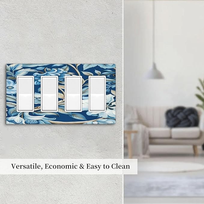 Blue Flowers Branches Leaves Floral Pattern Light Switch Cover 4 Gang Rocker Decora Outlet Covers Wall Plate Decorative Switchplate Electrical Faceplate GFCI for Farmhouse Living Bedroom Decor