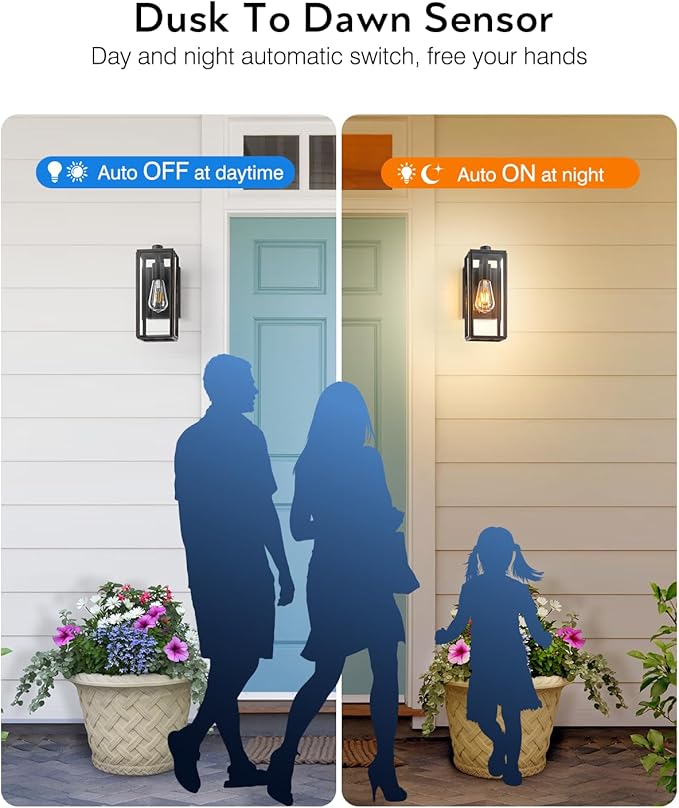 VIANIS Outdoor Wall Lights Dusk to Dawn, Large Exterior Light Fixture Wall Mount for House Front Porch Light, Black Anti-Rust Modern Outside Wall Sconces with Tempered Glass Shade for Garage