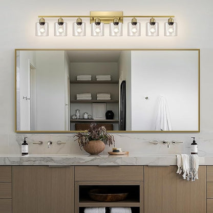 Modern Brushed Gold 8 Light Bathroom Light Fixtures, 52 inch Vanity Lights for Bathroom with Clear Glass for Mirror Kitchen Living Room Hallway Cabinet Porch