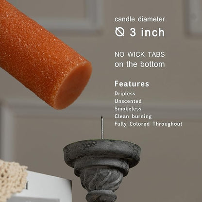 MOZEAL Hand-Poured Granular Texture Decorative Burnt Orange Pillar Candles Set of 3 (3"x4", 5", 6"), Dripless, Unscented, Smokeless, for Fall Fireplace, Thanksgiving Table & Autumn Décor