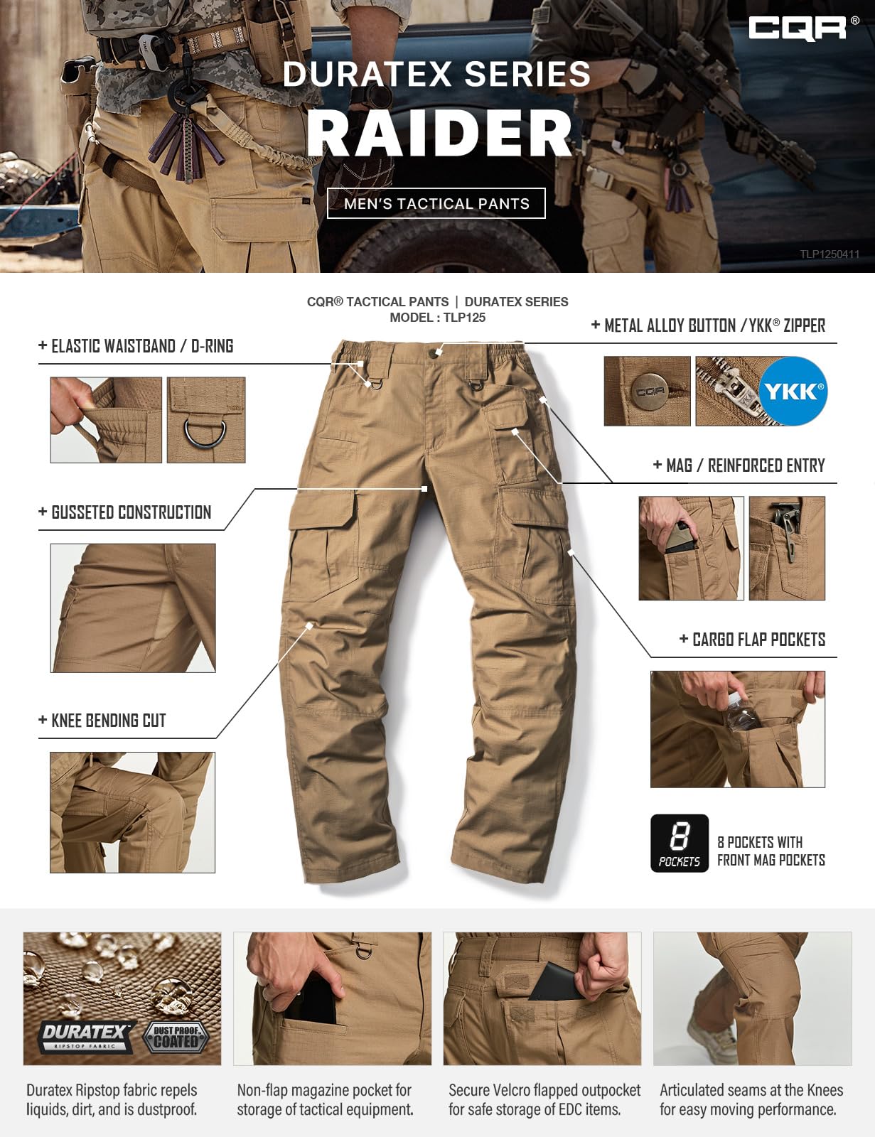 CQR Men's Tactical Pants, Water Resistant Ripstop Cargo Pants, Lightweight EDC Work Hiking Pants, Outdoor Apparel, Raider Mag Cougar, 46W x 30L