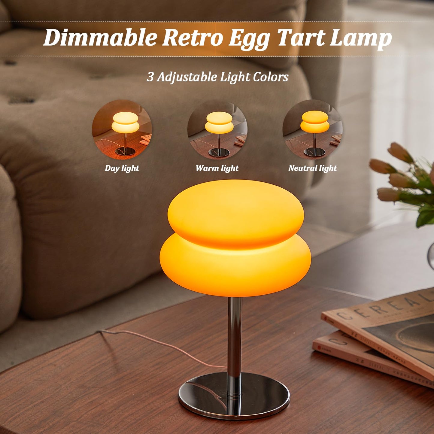 LSTVZSNRX Orange Mushroom Lamp, Mid Century Modern Lamp for Nightstand, Dimmable Retro Egg Tart Bedside Lamps, Home Decor Ambient Lighting Aesthetic Cute Lamps for Bedroom Living Room (NOT Glass)