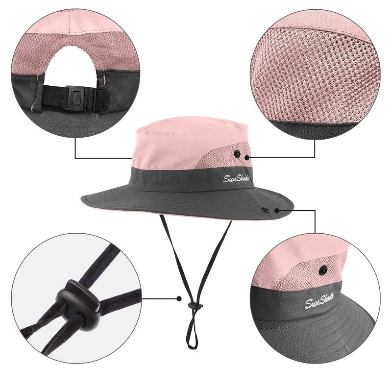Kids UV Sun Hat with Ponytail Hole UPF 50 Bucket Cap for Girls Summer Beach ? Fishing (M:5-12T(Head circumferences 20.6''-21.8''), Light Pink) Medium