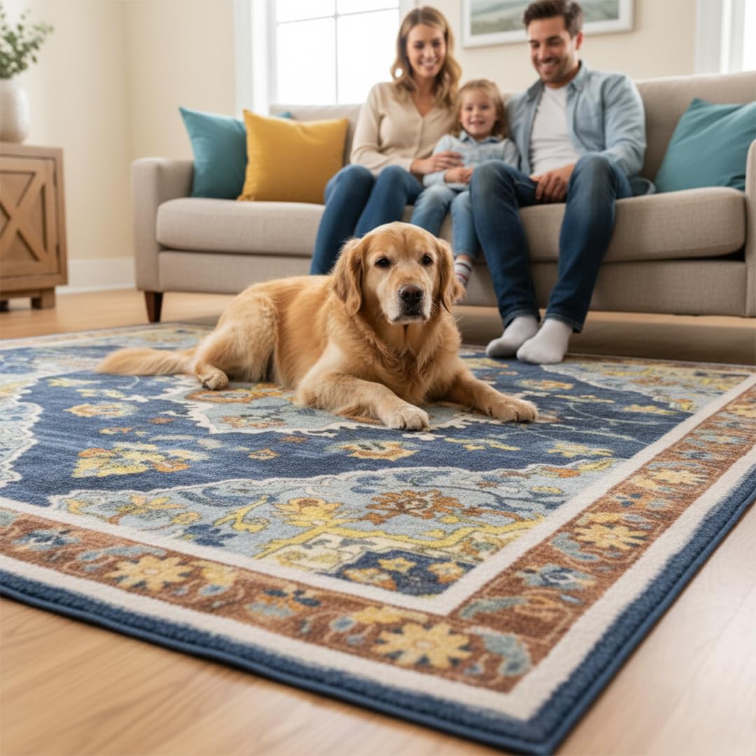 Muddy Mat® Mosaic 5ft x 7ft Washable Muddy Carpet® for Living Room, Bedroom & Dining Room – Modern Soft Low Pile Non Slip Carpet – Pet Friendly Waterproof Foldable Area Rugs for Home