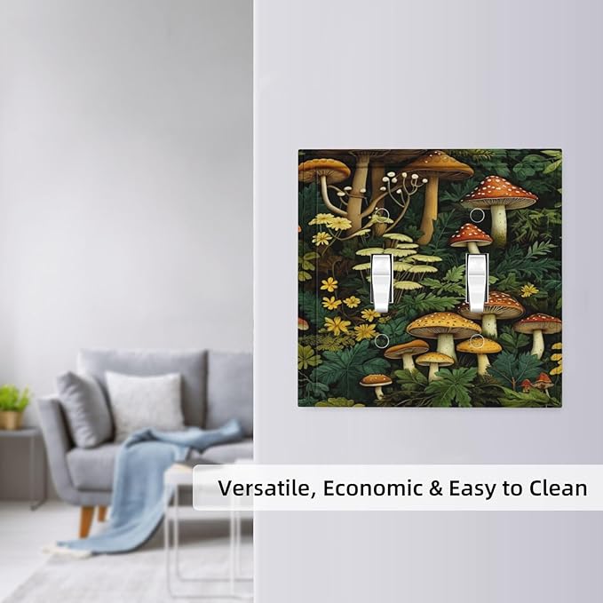Mushrooms Forest Nature Botanical Art Light Switch Covers Double Toggle 2 Gang Wall Plate Dual Decorative Switchplate Electrical Faceplate for Farmhouse Living Room Decor