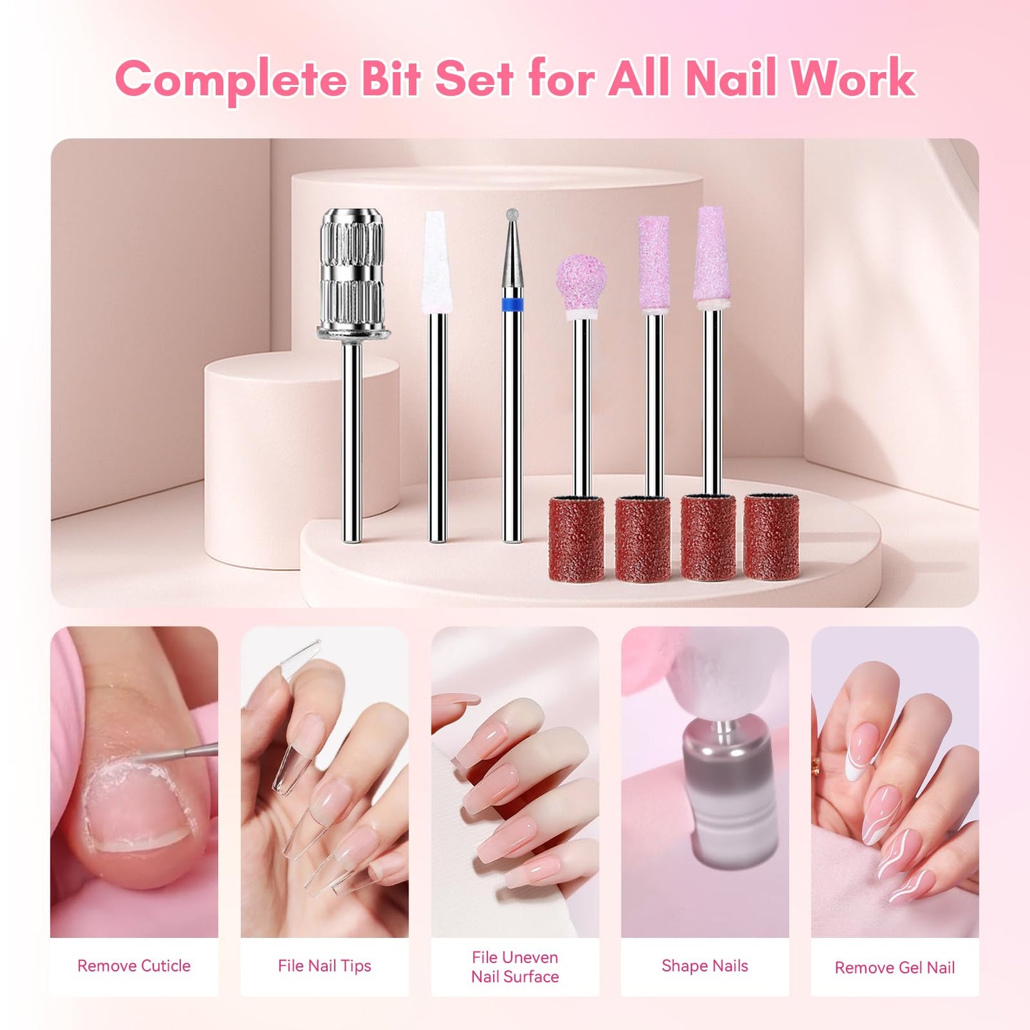 Makartt Nail Drill Professional: 60W 35000RPM Electric Nail File with Coreless Motor, 2 in 1 Desktop & Portable, Drill Bits and LCD Display for Acrylic Gel Nails, Nouvella Pink