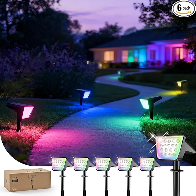 Philips 6 Packs Solar RGBW Spot Lights Outdoor, 18 LED Solar Powered Landscape Lights, 9 Lighting Modes Color-Changing Dusk to Dawn Waterproof Pathway Spotlights for Garden Trees Halloween Christmas