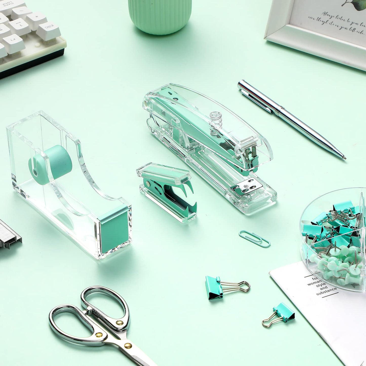 Office Supplies Set Desk Accessory Kit, Acrylic Stapler Set Staple Remover, Tape Dispenser, Binder Clips, Paper Clips, Ballpoint Pen and Scissor with 1000 Pieces 26/6 Staples (Green)