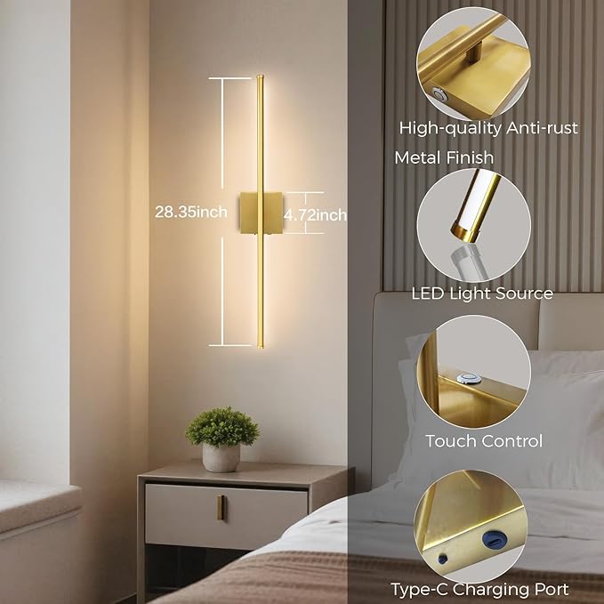 Rechargable Wall Sconce Set of Two, Modern Wireless Brass Wall Light Sconce with Remote, 28.35Inch Dimmable Indoor Home Wall Decor Lights for Bedroom, Living Room, Hallway (Bronze/Square)