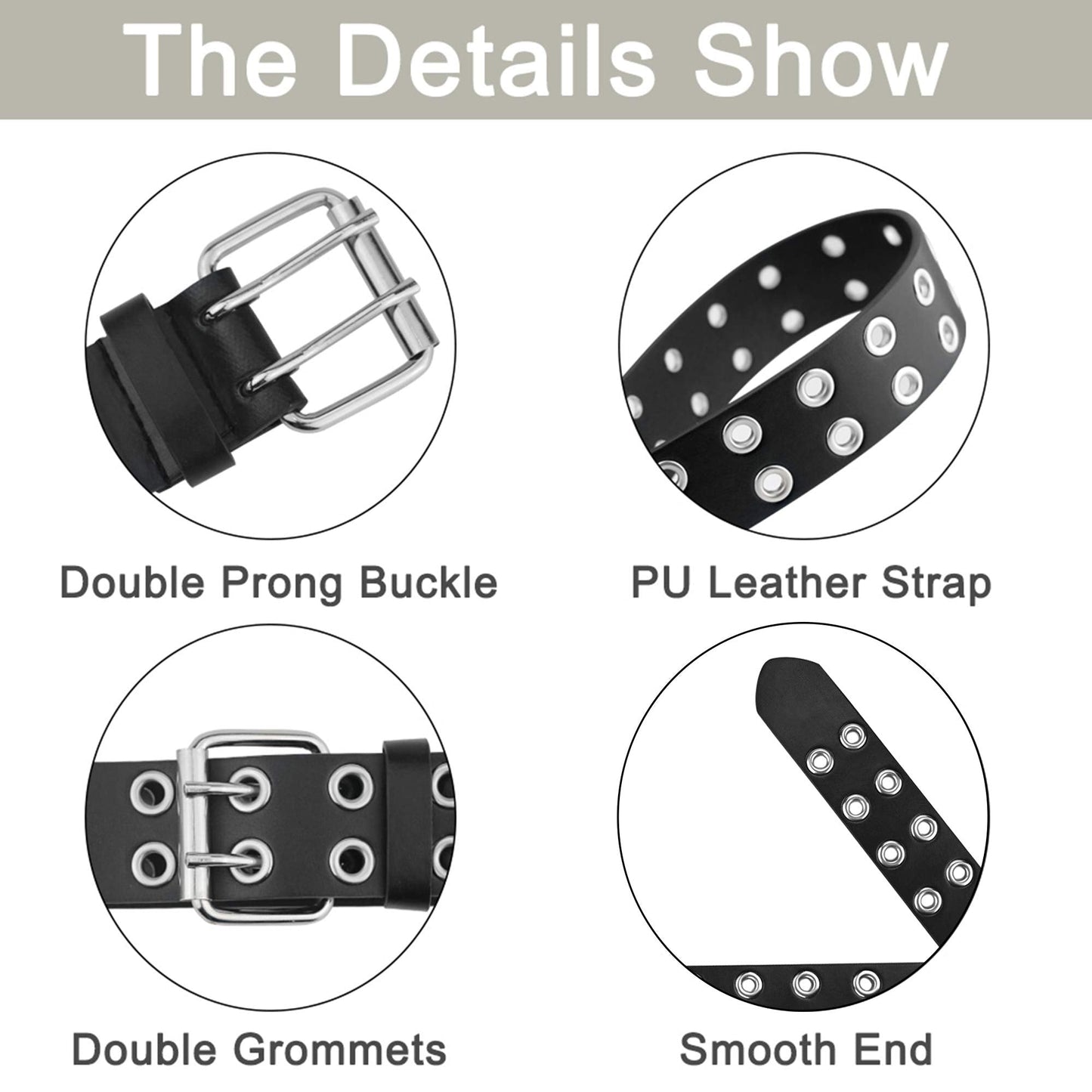 Grommet Leather Belts for Women, Black Belt Women Men - Double Studded Holes-Fit for waist up to 45''