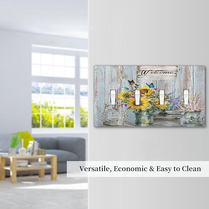 Sunflower Vintage Barn Wooden 4 Gang Decorative light switch plate Cover Sun floral Quad Toggle Wall Plate Covers Switchplate Electrical Faceplate Farmhouse Home Livingroom Decor