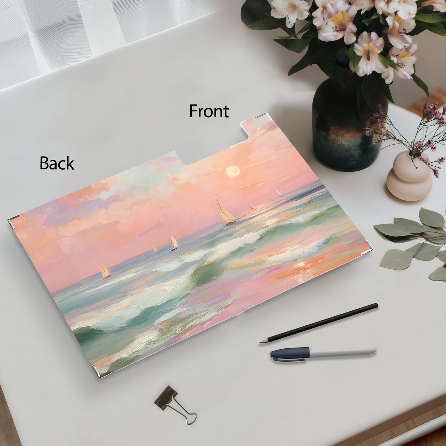 KU-DaYi Pink Coastal Beach Clipboard Padfolio with Storage Pocket, Beach Gifts for Women, Pastel Coastal Beachy Sailboat Low Profile Clip Boards for Nurse Office Classroom, 12.4 x 9.25 in