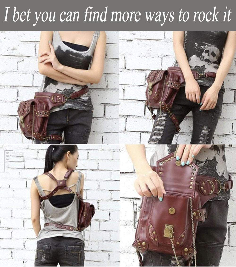 Steampunk Waist Bag Fanny Pack Fashion Gothic Leather Shoulder Crossbody Messenger Bags Thigh Leg Hip Holster Purse Travel Pouch Hiking Sport Chain Bags for Women Men brown