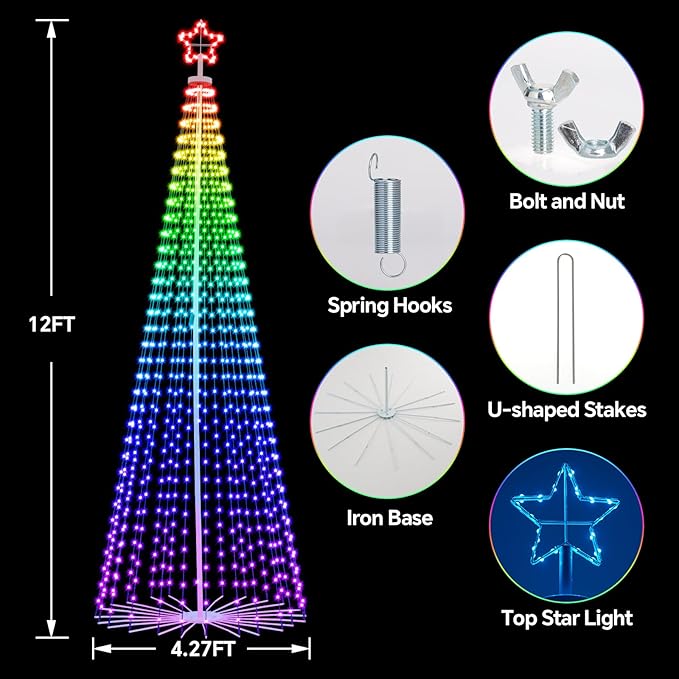 12 FT Smart Christmas Cone Tree Lights, 832 LED Lighted Outdoor Christmas Tree with Remote & App Control Timer, Music Sync, DIY RGB Color Changing for Indoor Outdoor Decorations